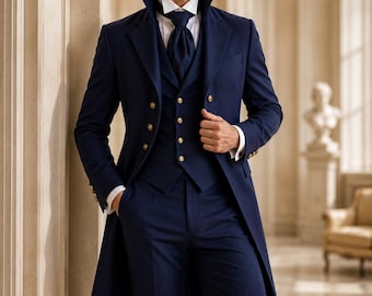 Navy Regency Tailcoat Suit, 3 Piece Wedding Formal Menswear, Gold Buttons