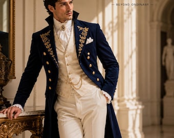 Navy Victorian Tailcoat Suit, Gold Embroidery, Ivory Waistcoat, Formal Gala Attire