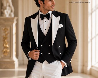 Men's Black White Tuxedo Suit, Double-Breasted Peak Lapel Formal Jacket