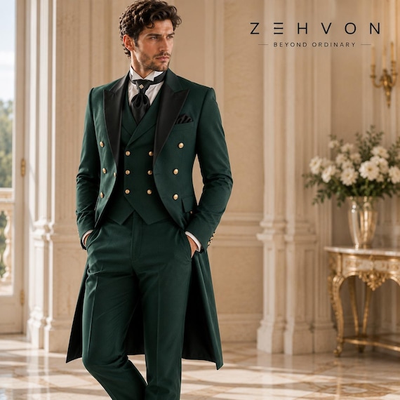 emerald green prom dress with tux Victorian Tailcoat Suit, Gold Button Gala Tuxedo Color:Metallic Blush Dress For Girls David's boho bridesmaid dress Prom couple
