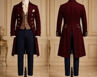 Burgundy Victorian Tailcoat Men's Wedding Suit, Regency Formalwear Prince Coat