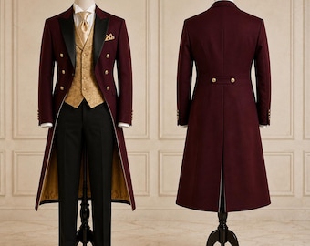 Burgundy Victorian Tailcoat Suit, Gold Brocade Waistcoat, Formal Wedding Tuxedo