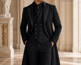 Men's Victorian Tailcoat Suit, Gothic Groom Wedding, Black Long Coat Tuxedo