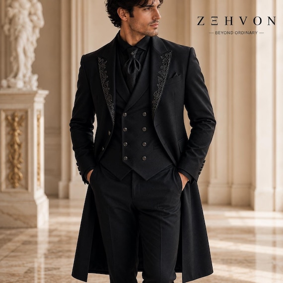 Men's Victorian Tailcoat Suit, Gothic Groom Wedding, Black Long Coat Tuxedo