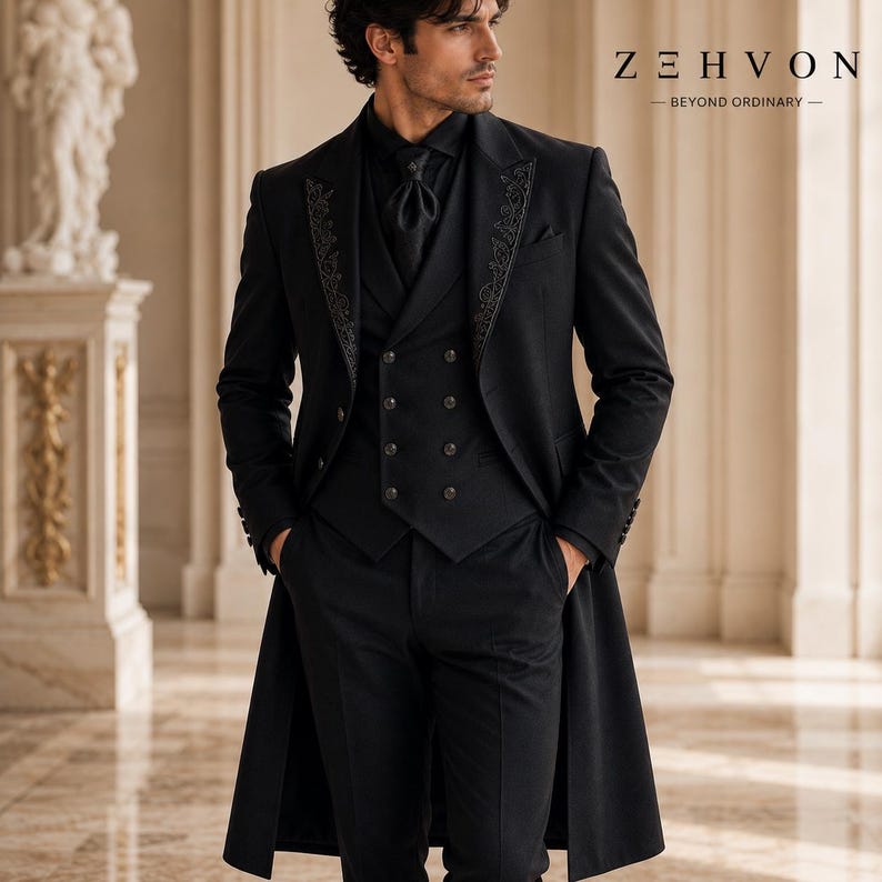 May include: A black three-piece suit featuring a long coat with intricate embroidery on the lapels, a double-breasted vest with buttons, and matching trousers. The text Z E H V O N BEYOND ORDINARY is visible in the upper right corner of the image.