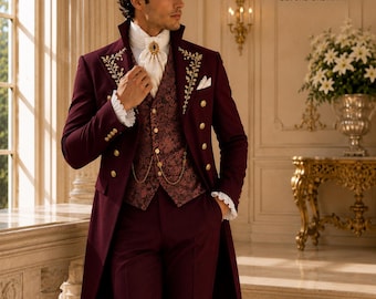 Burgundy Tailcoat Suit, Royal Brocade Vest, Gold Embroidery, Formal Prom Outfit