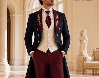 Men's Burgundy Navy Tailcoat Suit, Three-Piece Wedding Groom Formalwear