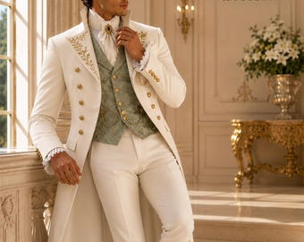 Puede incluir: Un abrigo largo de color crema con bordados dorados y botones dorados de doble botonadura, sobre un chaleco verde salvia estampado y pantalones blancos. El conjunto incluye una camisa blanca con volantes, un broche dorado y una cadena.