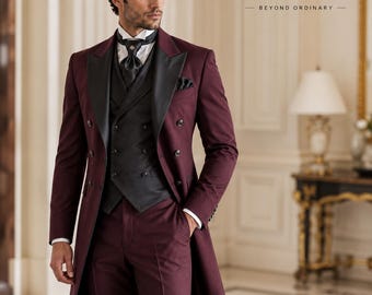 Terno vitoriano bordô com fraque, colete de cetim preto, smoking gótico para casamento, roupa para baile de formatura