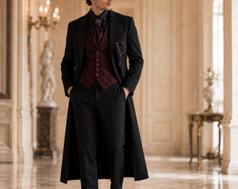 Victorian Gothic Suit Men Burgundy Brocade Vest Black Tailcoat Gothic Wedding Groom Formal Outfit