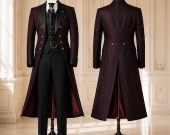 Burgundy Victorian Tailcoat Suit, Gothic Tuxedo, Old Money Formal Wear, Wedding Groom Ensemble