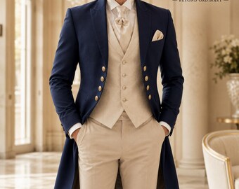 Navy Blue Tailcoat Suit, Ivory Jacquard Vest, Beige Trousers, Formal Wedding Prom Outfit