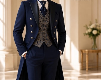 Navy Blue Victorian Tailcoat Suit, Brocade Waistcoat, Regency Formal Wear Groom's Attire