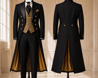 Black Victorian Tailcoat Suit, Gold Jacquard Waistcoat, Regency Formal Menswear, Gothic Prom Tuxedo