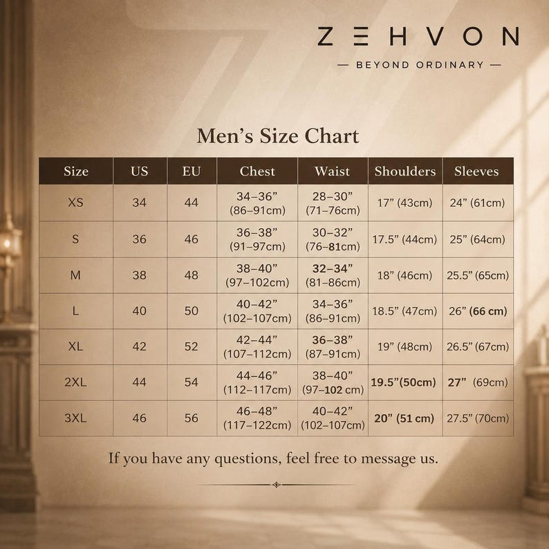 May include: A size chart for clothing labeled ZEHVON BEYOND ORDINARY. The table lists sizes from XS to 3XL with corresponding US and EU measurements for chest, waist, shoulders, and sleeves in inches. The text at the bottom reads: If you have any questions, feel free to message us.