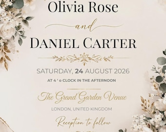 Floral Wedding Invitation Template, Elegant Beige Gold Invite (Digital Download)
