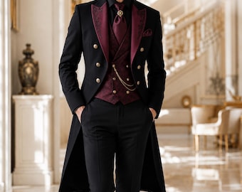 Men's Black Burgundy Tailcoat Suit, Embroidered Lapel, Jacquard Vest, Formal Gala Attire