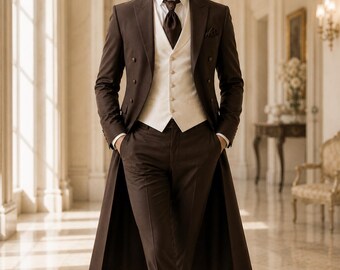 Brown Tailcoat Suit Men, Ivory Vest, Formal Wedding Groom Attire, Regency Victorian Style