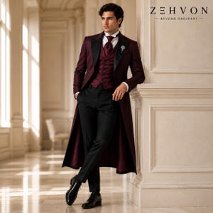 May include: A burgundy long-coat suit featuring a matching vest, a white collared shirt, a burgundy tie, and black trousers. The ensemble includes a silver lapel pin and black dress shoes. The text Z E H V O N BEYOND ORDINARY is visible.