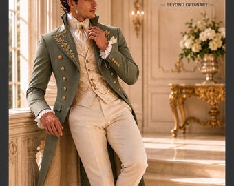 Sage Green Tailcoat, Regency Groom Suit, Victorian Wedding Coat, Royal Formal Suit