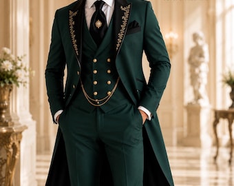 Emerald Green Tailcoat Tuxedo: Embroidered Royal Formal Suit for Men