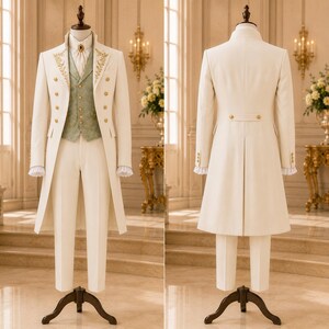 May include: A cream-colored tailcoat suit featuring a double-breasted jacket with gold buttons and gold embroidery on the lapels, a sage green vest with a subtle pattern, a white collared shirt with a necktie, and matching cream-colored trousers.