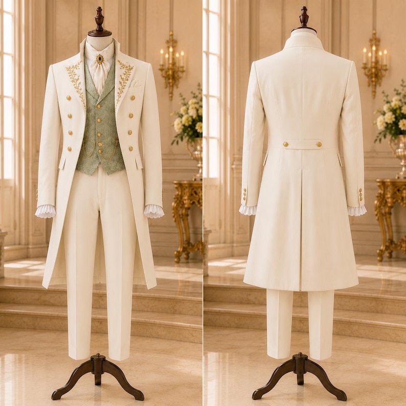 May include: A cream-colored tailcoat suit featuring a double-breasted jacket with gold buttons and gold embroidery on the lapels, a sage green vest with a subtle pattern, a white collared shirt with a necktie, and matching cream-colored trousers.