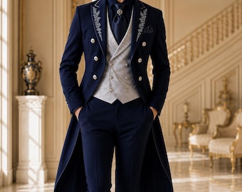Navy Blue Tailcoat Suit, Embroidered Lapels, Ivory Vest, Formal Gala Wear