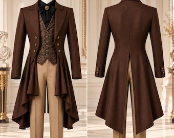 Men’s Victorian Tailcoat, Brown Gothic Frock Coat, Steampunk Wedding Suit, Regency Groom Outfit, Brocade Waistcoat