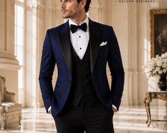 Navy Blue Tuxedo Suit, Black Shawl Lapel, 3-Piece Formal Wedding Attire