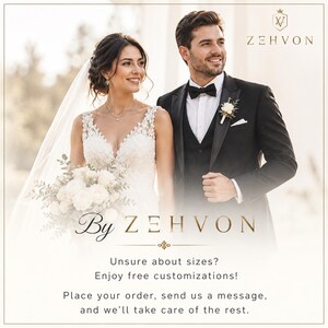May include: A white lace wedding dress with a veil and a black tuxedo with a bowtie and boutonniere. The image includes the text By ZEHVON, Unsure about sizes? Enjoy free customizations! Place your order, send us a message, and we'll take care of the rest.
