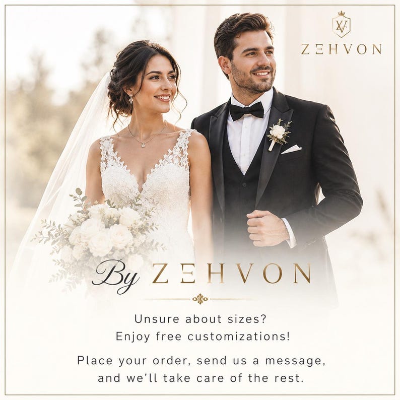 May include: A white lace wedding dress with a veil and a black tuxedo with a bowtie and boutonniere. The image includes the text By ZEHVON, Unsure about sizes? Enjoy free customizations! Place your order, send us a message, and we'll take care of the rest.