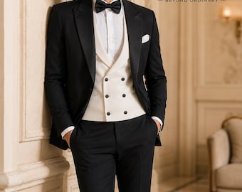 Men's Black Tuxedo, Ivory Double-Breasted Vest, Groom Wedding Suit, Old Money Style