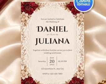 Plantilla de invitación de boda en burdeos y marfil, diseño floral vintage real, tarjeta editable en Canva, imprimible 5x7