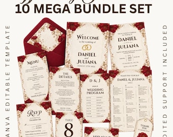 Può includere: Un set di 10 inviti di nozze con bordo floreale rosso scuro su carta color crema. Include menu, scheda RSVP, cartello di benvenuto, programma del matrimonio, tableau de mariage, numero da tavolo, etichetta di ringraziamento e busta rossa.