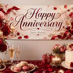 May include: A horizontal banner featuring the text Happy Anniversary and Love Always in elegant script. The design includes deep red roses, soft pink flowers, scattered petals, pearls, and red ribbons against a cream-colored background.