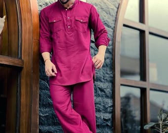 Costume homme rose magenta Pathani : tenue de fête traditionnelle indienne pour mariage