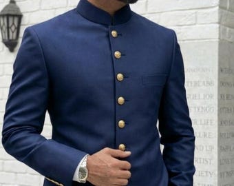 Costume jodhpuri bleu marine croisé boutons dorés Tenue de soirée