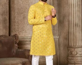 Yellow Georgette Paisley Chikankari Men's Kurta Set