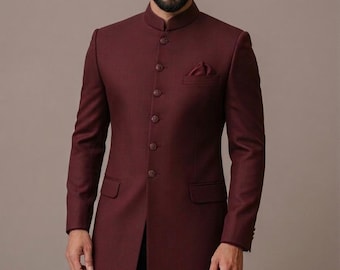 Men's Burgundy Linen Blend Achkan Sherwani Jacket | Indian Wedding Groom Outfit