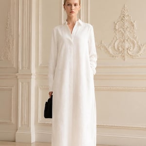 White Linen Maxi Kaftan Dress, Minimalist Loose Fit Resortwear, Elegant Loungewear
