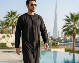 Caftan en lin noir pour homme - Robe d'été bohème, Djellaba marocaine