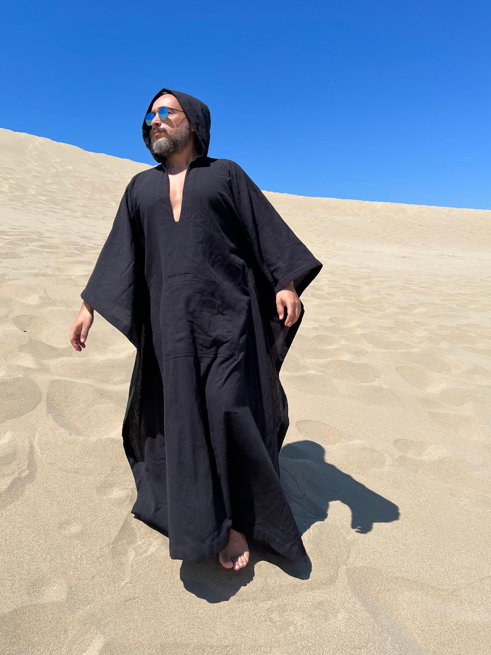 Men's Black Hooded Kaftan, Desert Nomad Robe, Boho Beach Cover Up, Linen Style Tunic