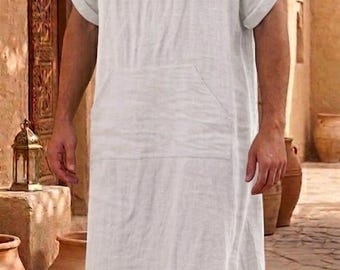 Caftan tunique en lin pour homme avec poche kangourou, coupe ample