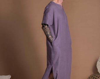 Robe caftan unisexe en lin, coupe ample, manches courtes, poches latérales