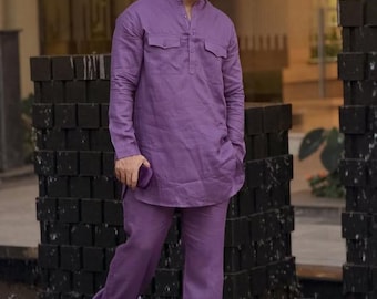 Ensemble pyjama Kurta en lin : col mao, manches courtes Kurta