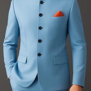 Può includere: Un blazer azzurro con colletto alla coreana, cinque bottoni neri sul davanti e un fazzoletto da taschino arancione brillante nella tasca sul petto. La giacca presenta due tasche inferiori con patta e maniche lunghe, abbinata a pantaloni azzurri.