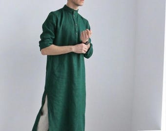 Caftan tunique en lin pour homme : coupe ample, col en V, poche plaquée, fentes hautes