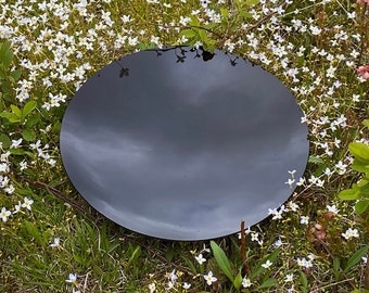 Black Scrying Mirror, 12" Handcrafted Concave - Antique Glass with a Black Silk wrap