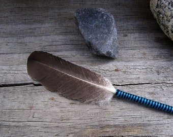 Blue and Black Thread Wrapped Small Smudge Feather - 5 inch Natural Heritage Turkey Feather